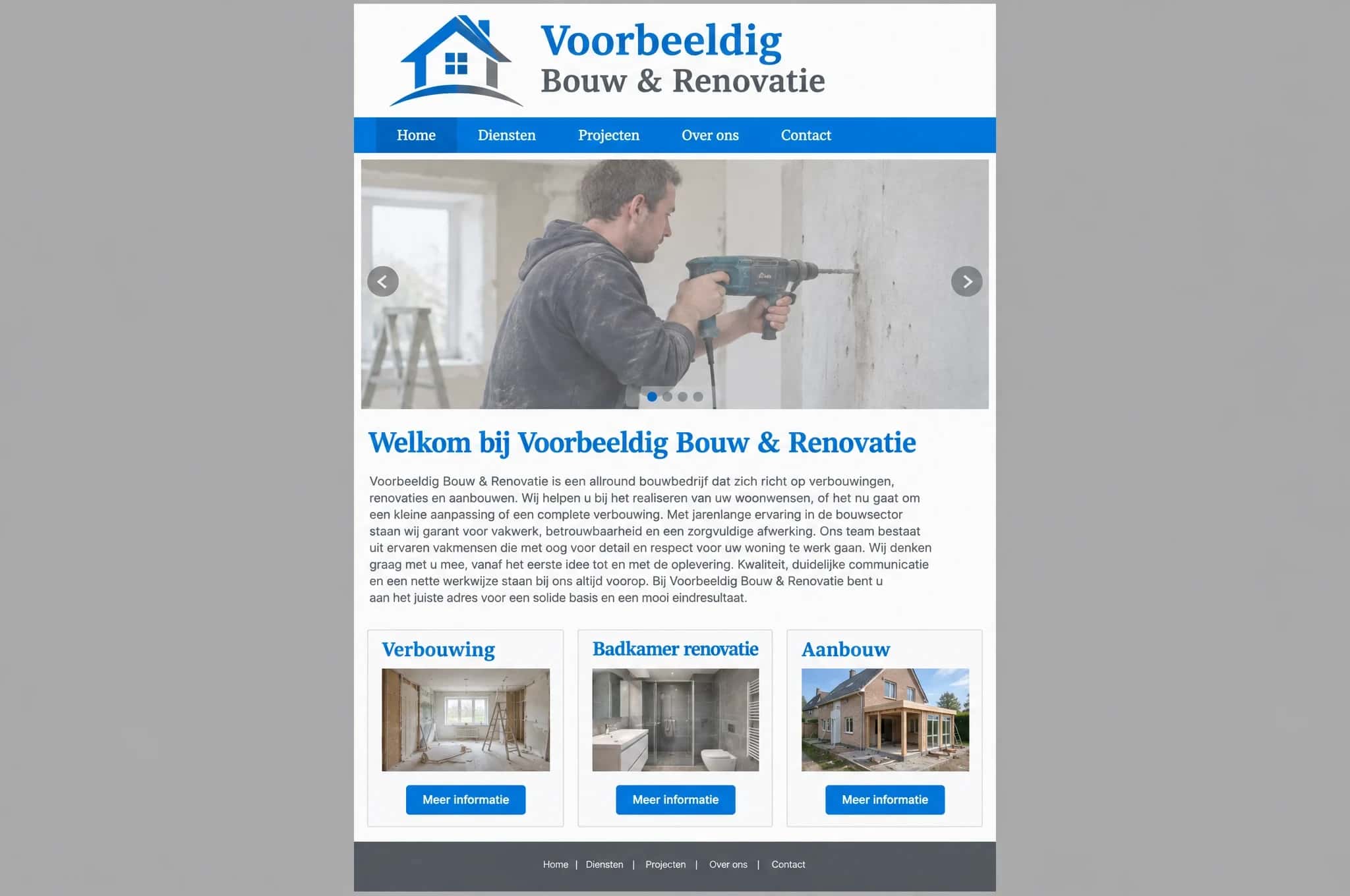 Voorbeeld: verouderde website van het fictieve bouwbedrijf Voorbeeldig Bouw & Renovatie