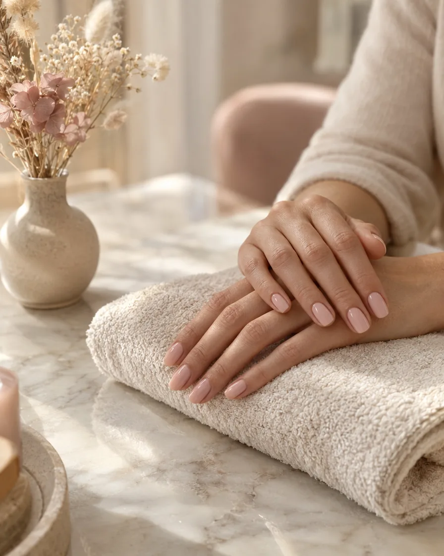 Sfeerbeeld: verzorgde handen met nude nagels op een zachte handdoek