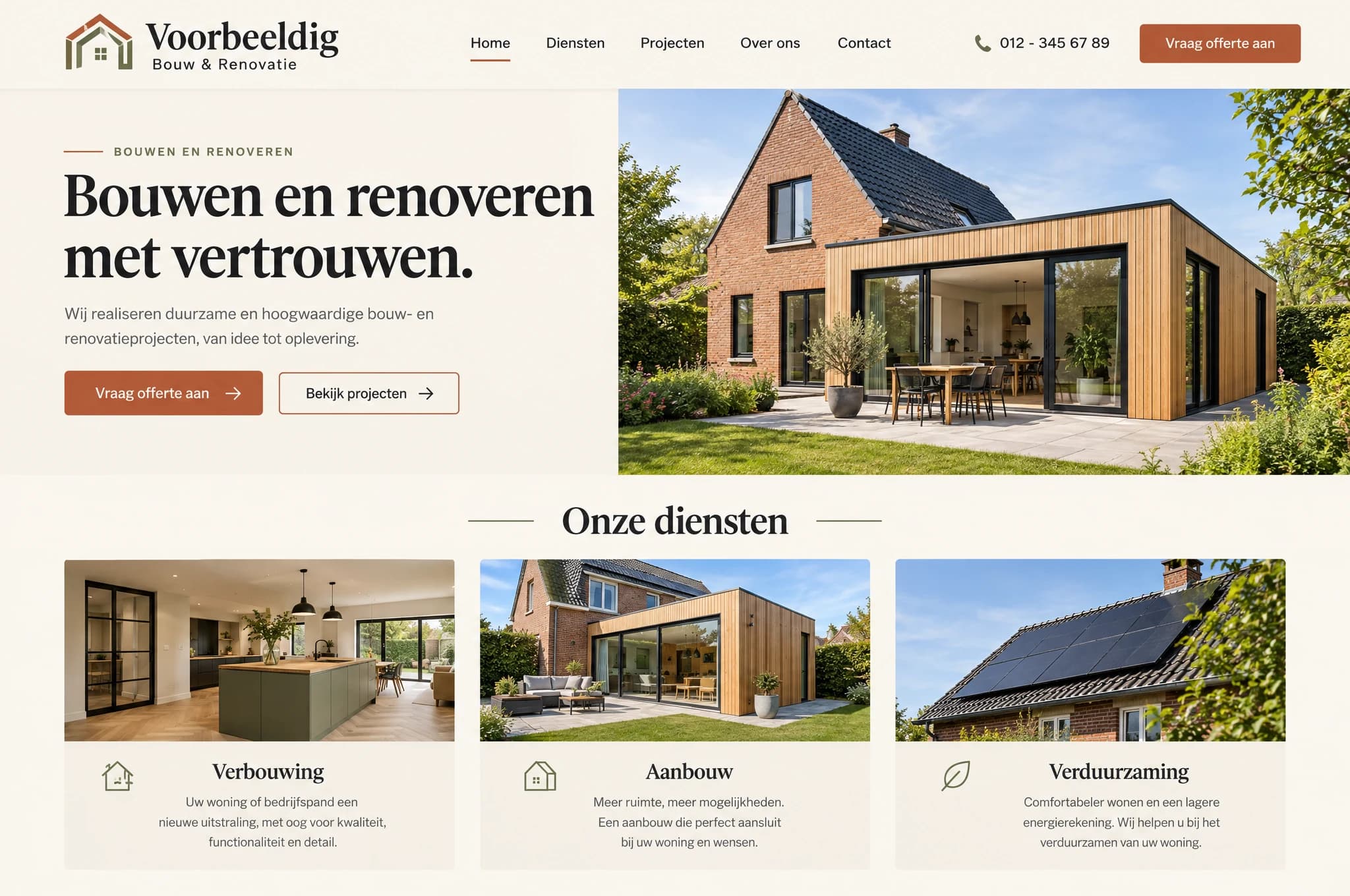 Voorbeeldontwerp: de website van het fictieve bedrijf Voorbeeldig Bouw & Renovatie op een laptop