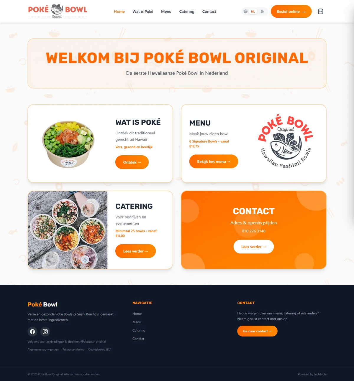 De hele homepage van Pokébowl Originals