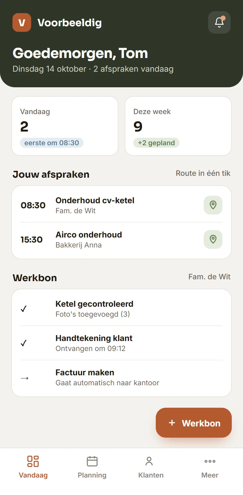 Voorbeeld van een app voor monteurs met de afspraken en werkbon van vandaag