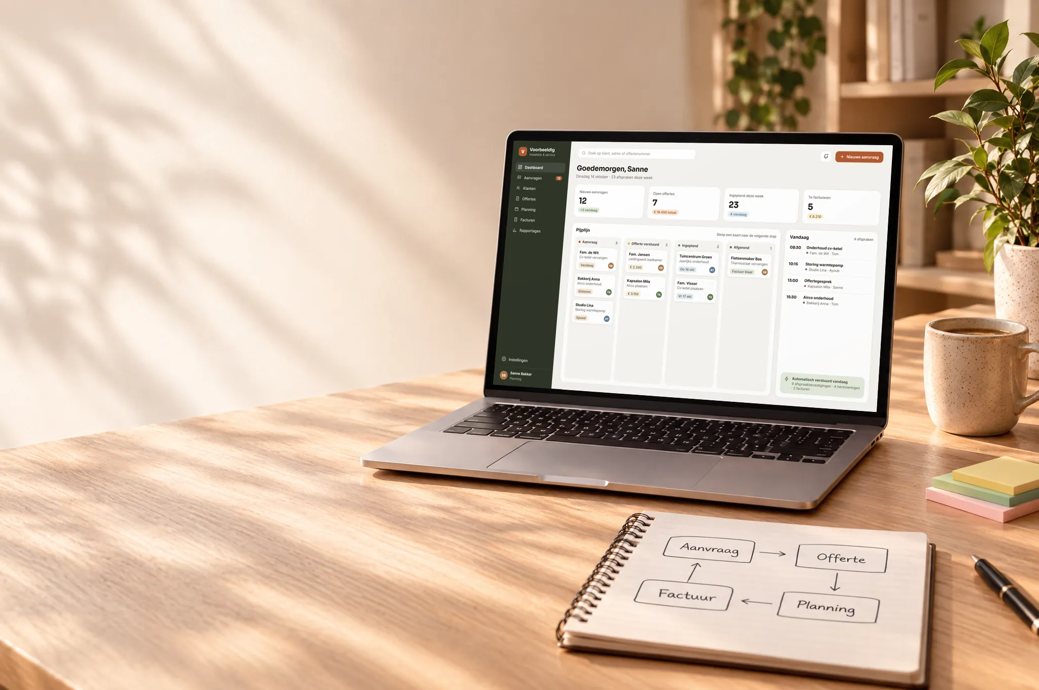 Een voorbeeld van een CRM met planning op een laptop, naast een notitieboek met de stappen van aanvraag tot factuur