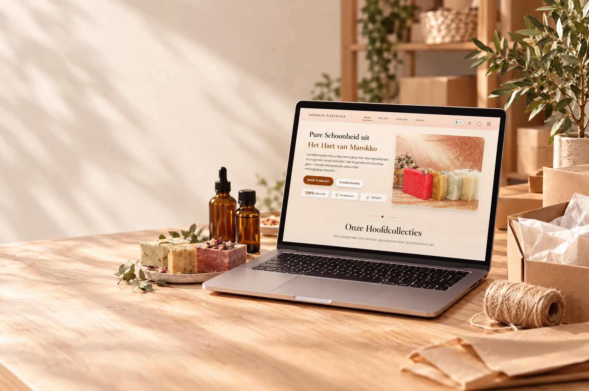 De webshop van Noorlin Naturals op een laptop, tussen handgemaakte zeep en verzenddozen